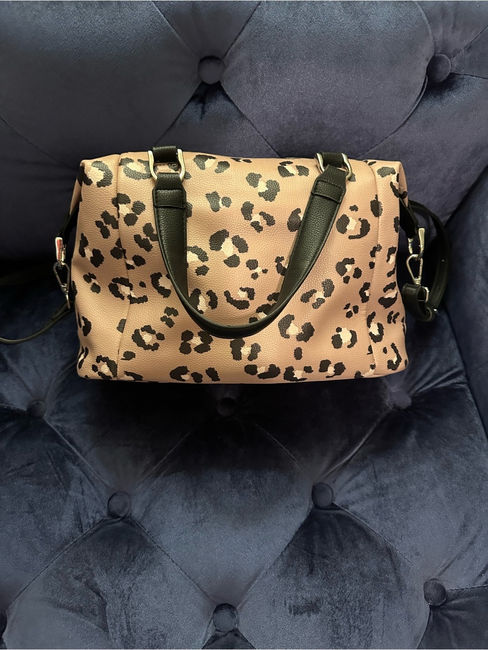 Leopard Print Satchel Handbag with Black Trim